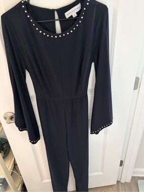 Emma & Michele Navy Long-Sleeve Stud-Trim Jumpsuit